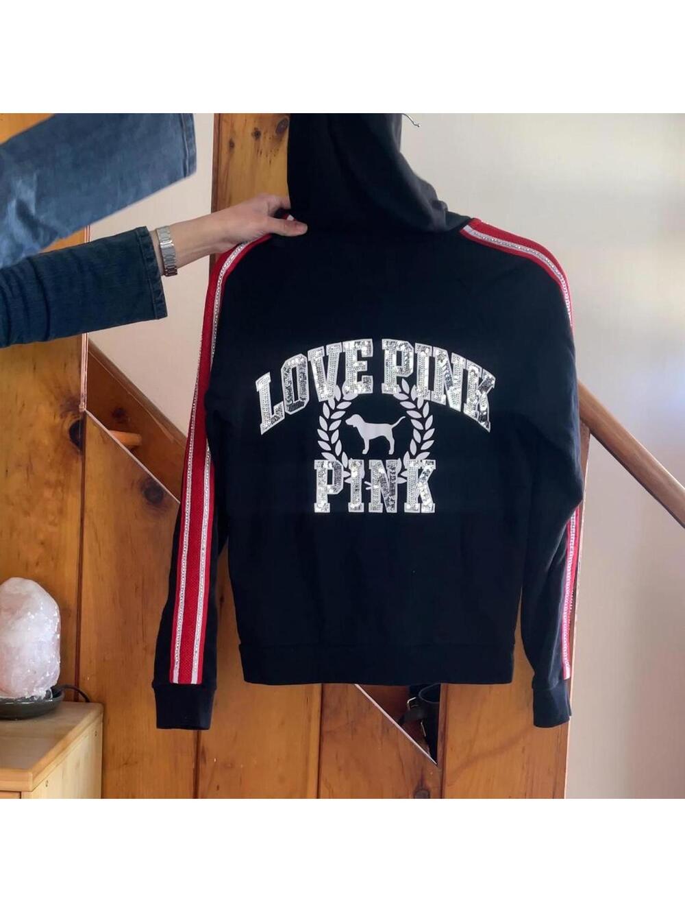 Victoria's Secret PINK black zip up mcbling hoodie size small